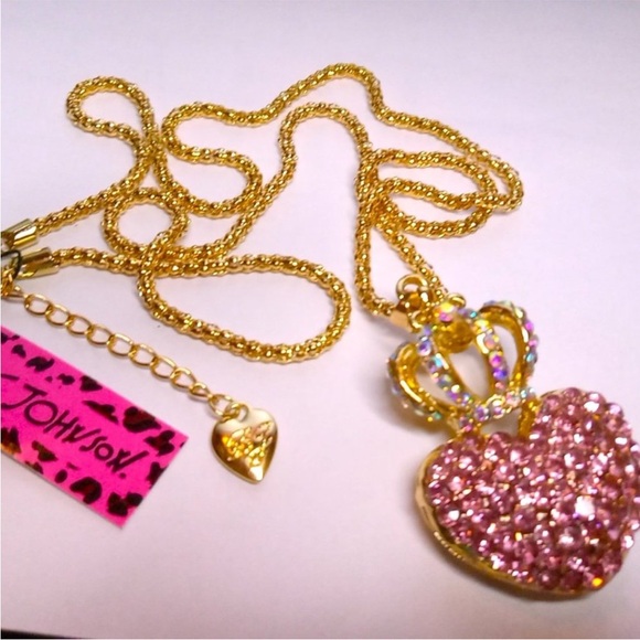 Betsey Johnson Gold Crystal Crown Pink CZ Heart Necklace 18”-22” chain NEW NWT - Picture 3 of 7